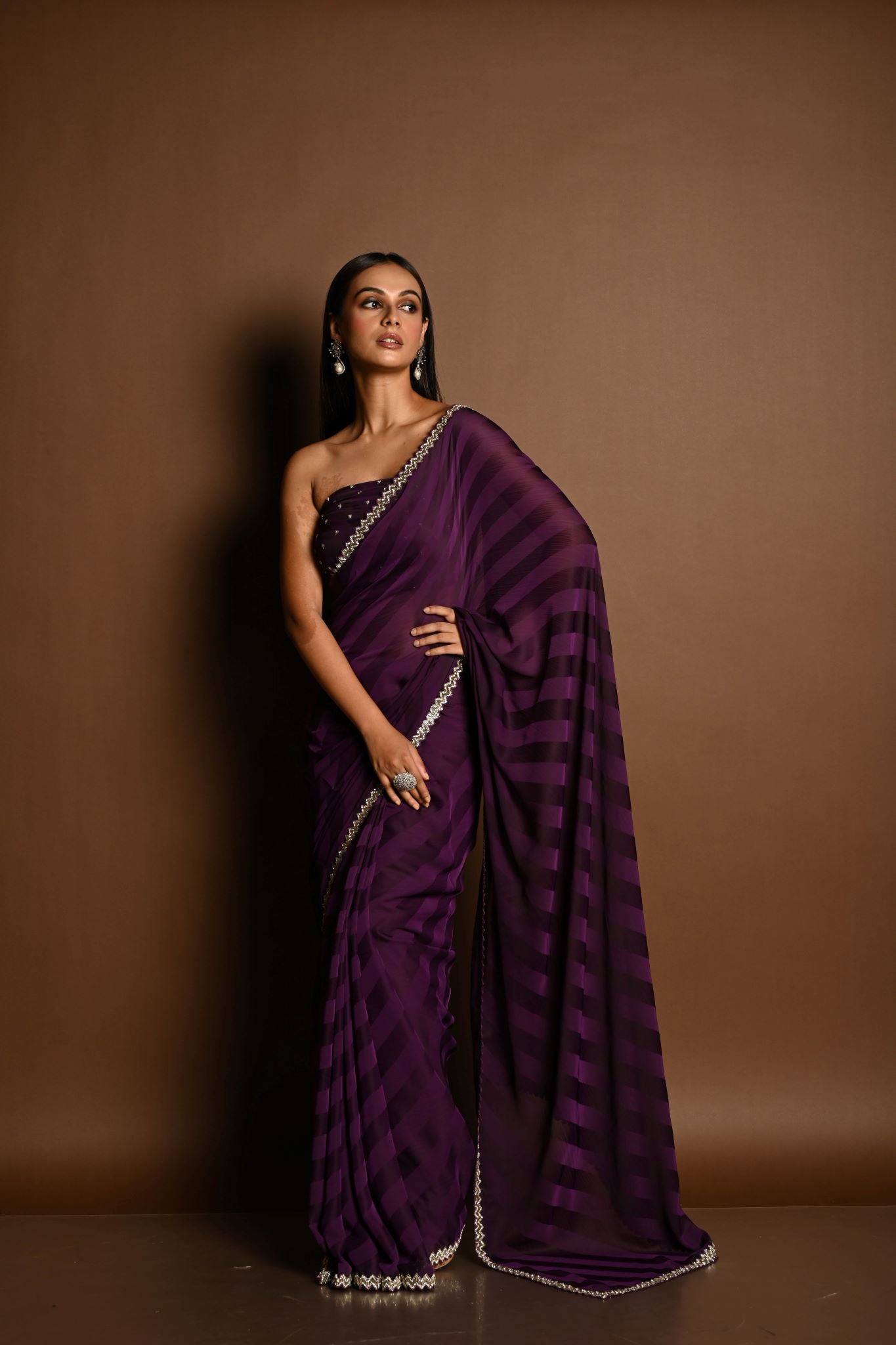 Dark Purple Self-Striped Georgette Saree with Cutdana and Swarovski Embroidery Border - Anvi Couture