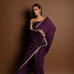 Dark Purple Self-Striped Georgette Saree with Cutdana and Swarovski Embroidery Border - Image 5