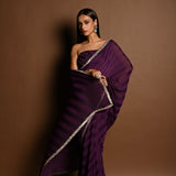 Dark Purple Self-Striped Georgette Saree with Cutdana and Swarovski Embroidery Border - Image 5