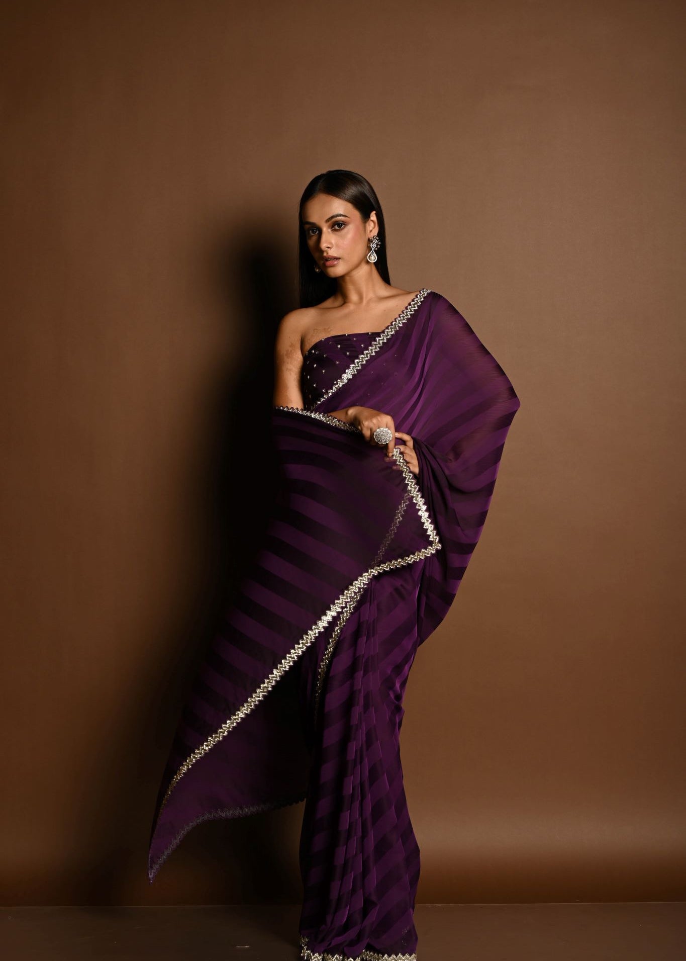 Dark Purple Self-Striped Georgette Saree with Cutdana and Swarovski Embroidery Border - Image 5