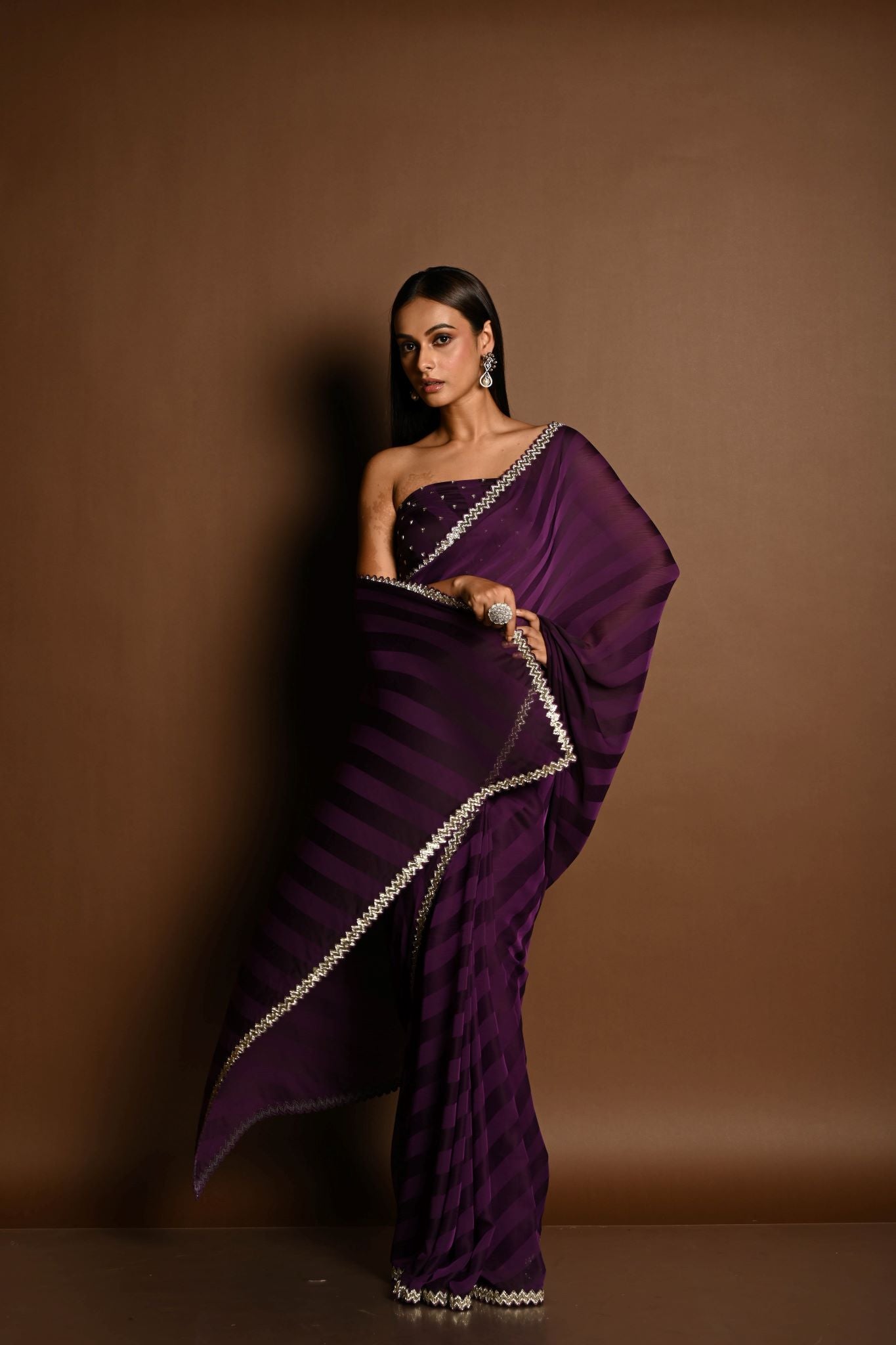 Dark Purple Self-Striped Georgette Saree with Cutdana and Swarovski Embroidery Border - Image 5