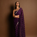 Dark Purple Self-Striped Georgette Saree with Cutdana and Swarovski Embroidery Border - Anvi Couture