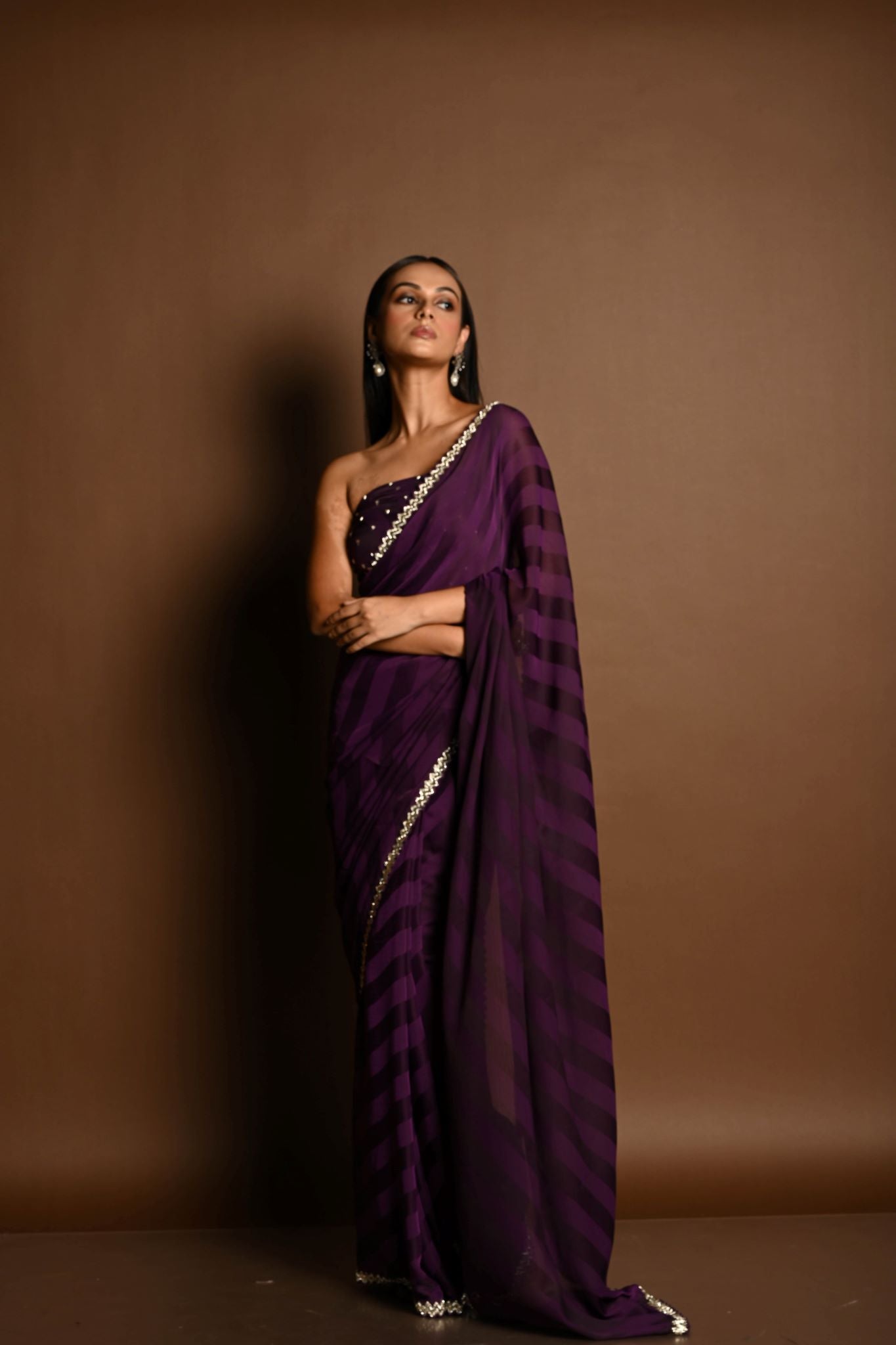 Dark Purple Self-Striped Georgette Saree with Cutdana and Swarovski Embroidery Border - Anvi Couture