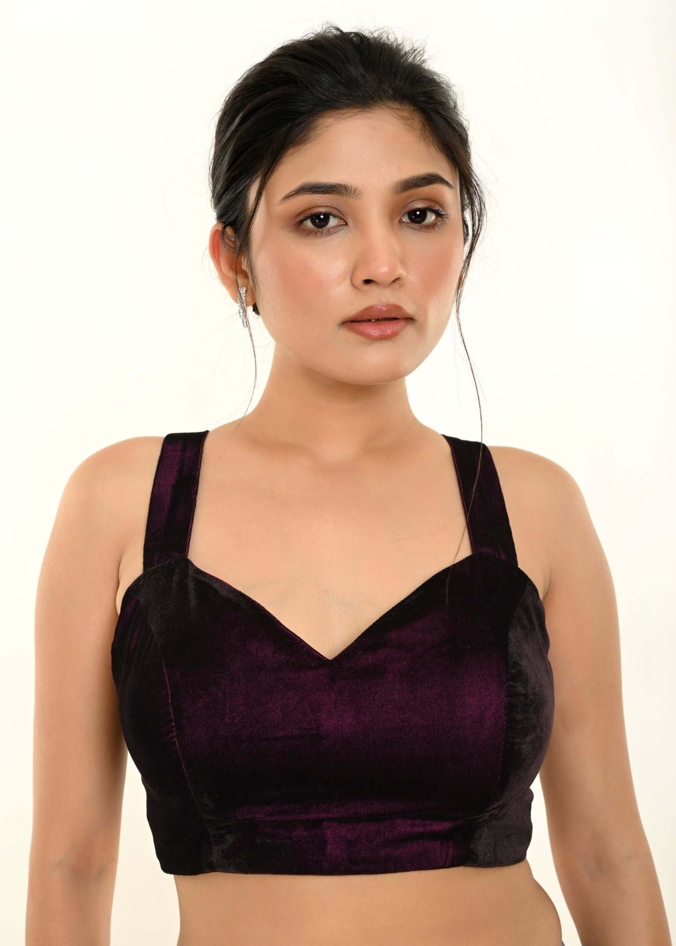 Maroon Velvet Sleeveless Blouse with Sweetheart Neckline - Anvi Couture