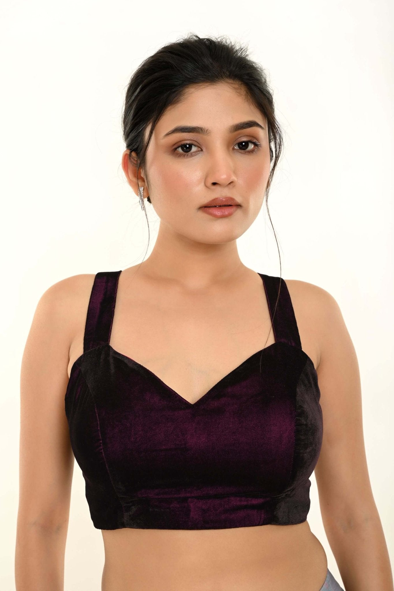 Maroon Velvet Sleeveless Blouse with Sweetheart Neckline - Anvi Couture