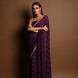 Dark Purple Self-Striped Georgette Saree with Cutdana and Swarovski Embroidery Border - Anvi Couture