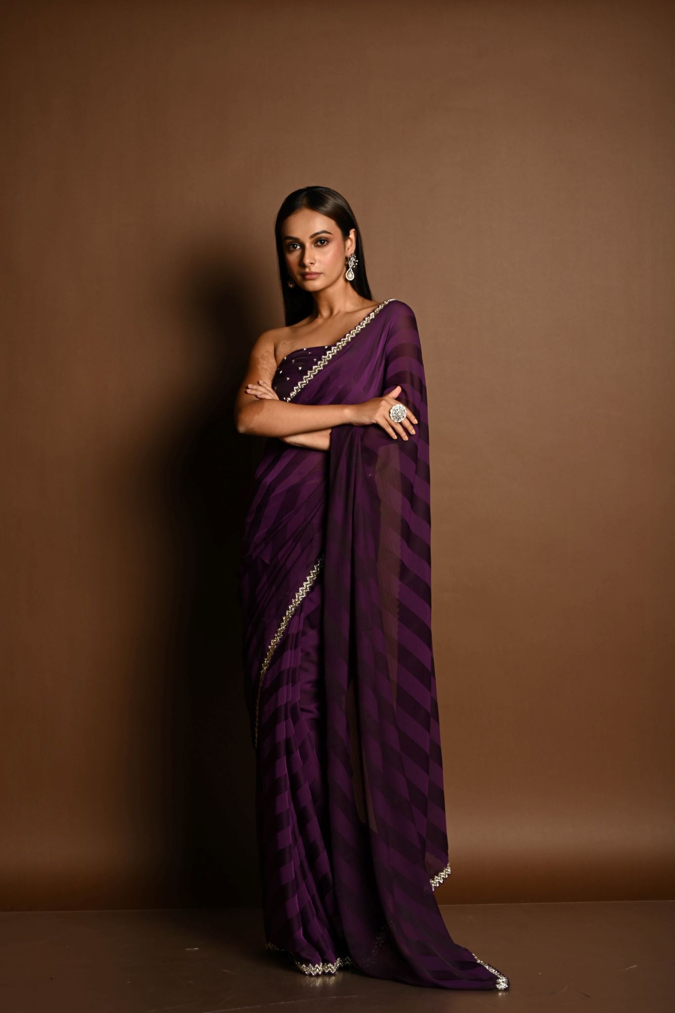 Dark Purple Self-Striped Georgette Saree with Cutdana and Swarovski Embroidery Border - Anvi Couture