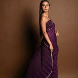 Dark Purple Self-Striped Georgette Saree with Cutdana and Swarovski Embroidery Border - Anvi Couture