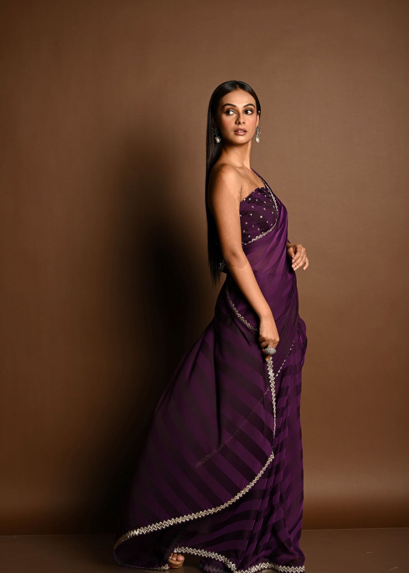 Dark Purple Self-Striped Georgette Saree with Cutdana and Swarovski Embroidery Border - Image 4