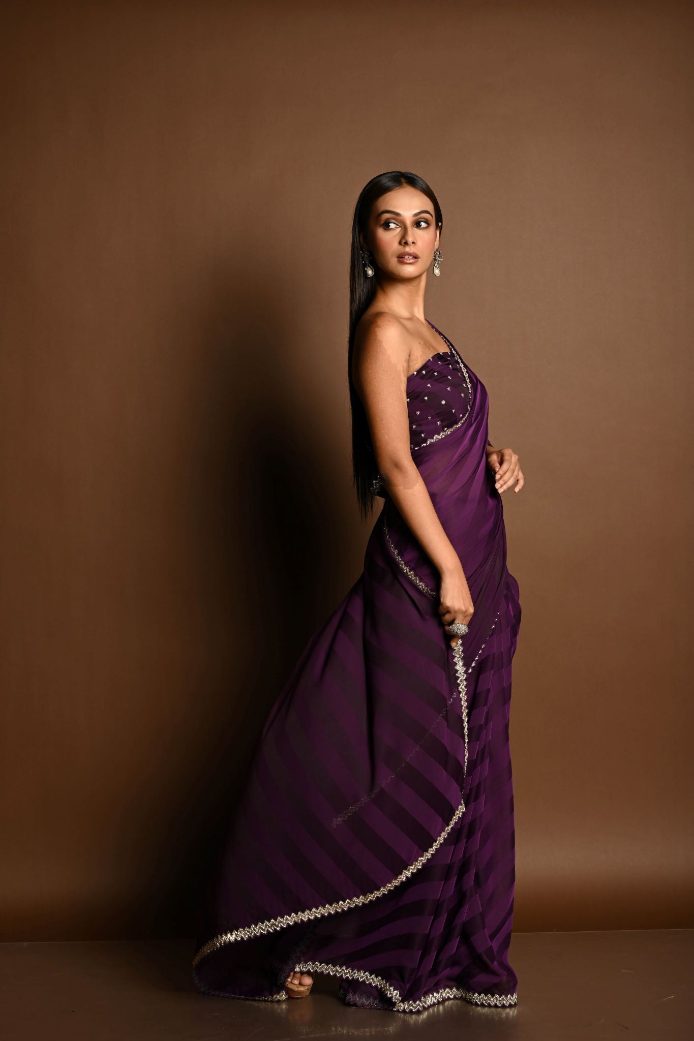 Dark Purple Self-Striped Georgette Saree with Cutdana and Swarovski Embroidery Border - Image 4