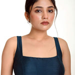 Teal Blue Blouse in Raw Silk with Square Neckline - Anvi Couture