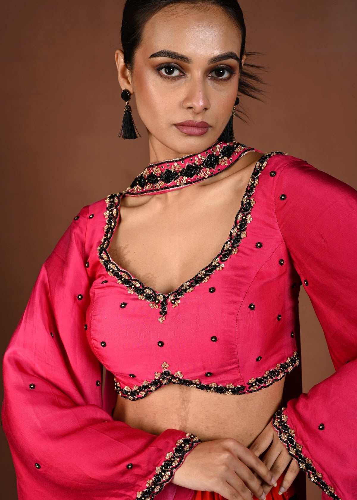 Red and Pink Striped Lehenga with Hand Embroidered Bell Sleeve Choli and Choker Dupatta - Anvi Couture