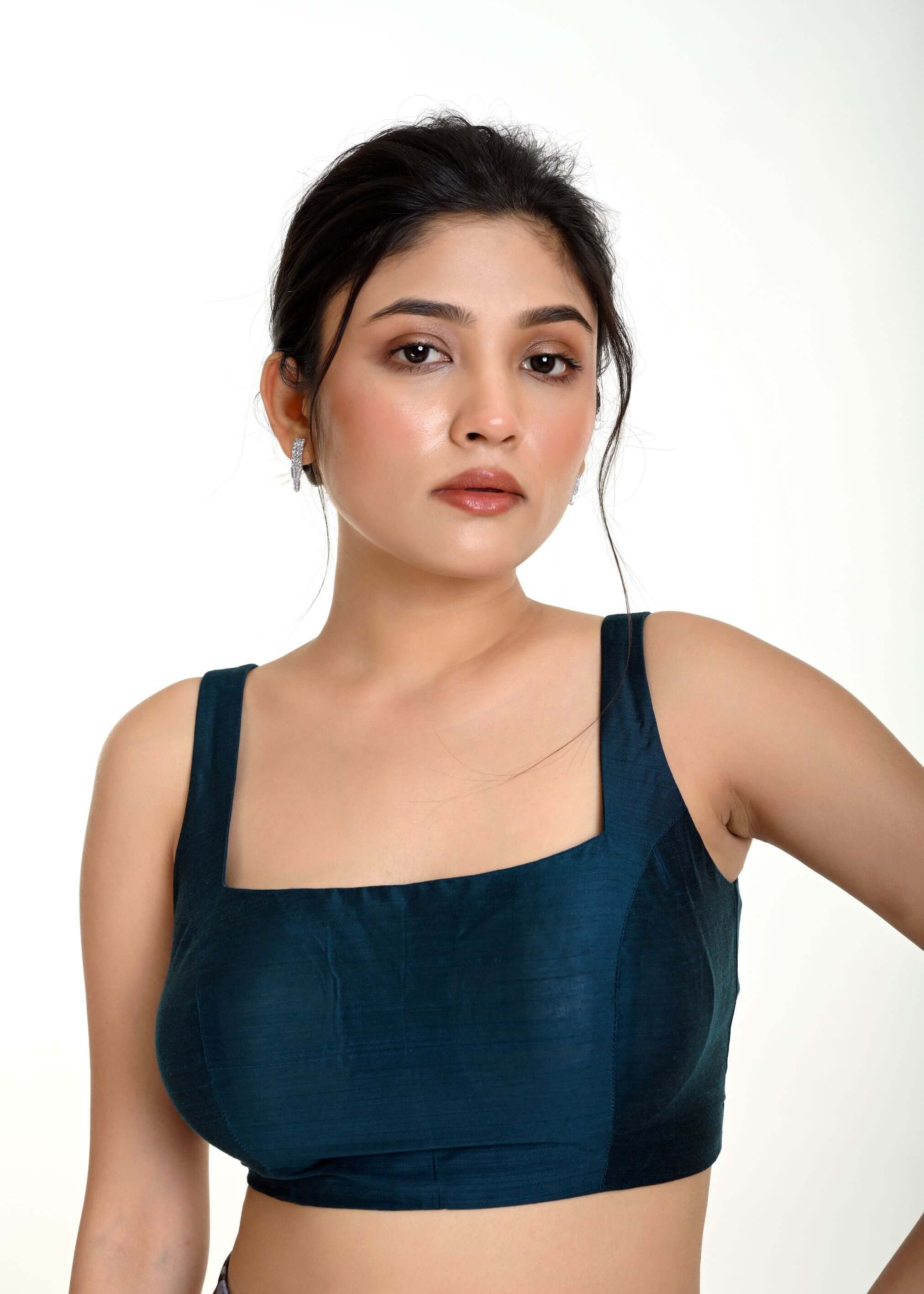 Teal Blue Blouse in Raw Silk with Square Neckline - Anvi Couture
