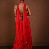 Red Lehenga Set with Halter Neck Choli and Choker Dupatta - Anvi Couture