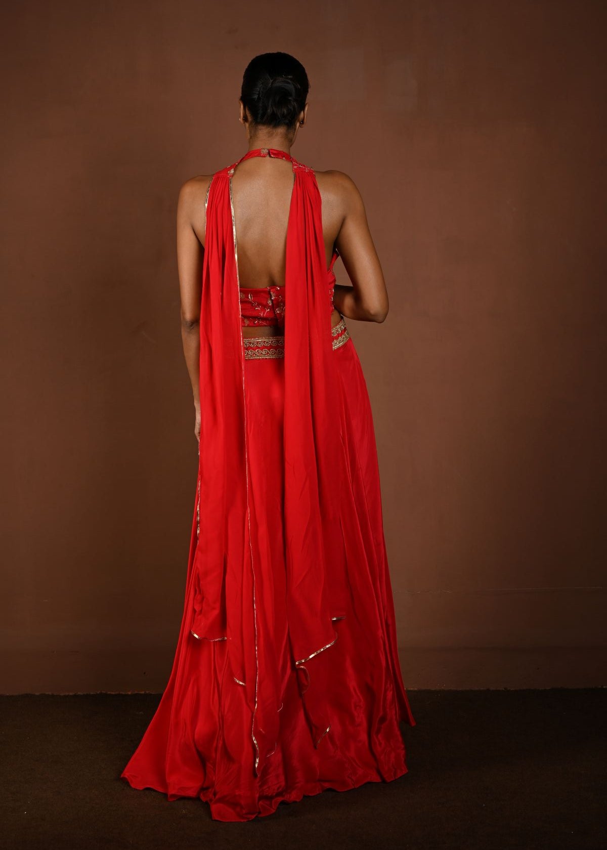 Red Lehenga Set with Halter Neck Choli and Choker Dupatta - Anvi Couture