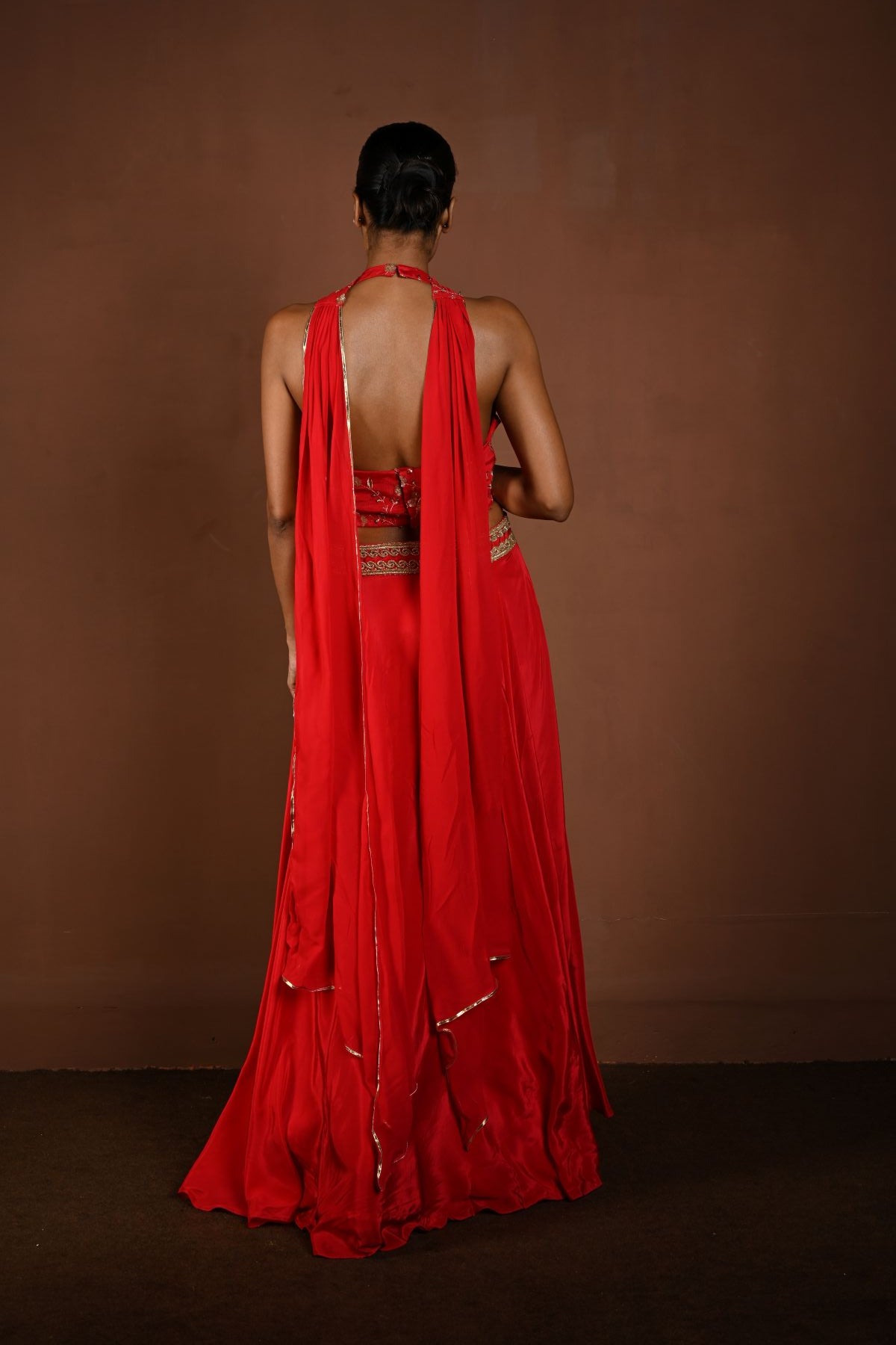 Red Lehenga Set with Halter Neck Choli and Choker Dupatta - Anvi Couture