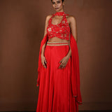 Red Lehenga Set with Halter Neck Choli and Choker Dupatta - Anvi Couture