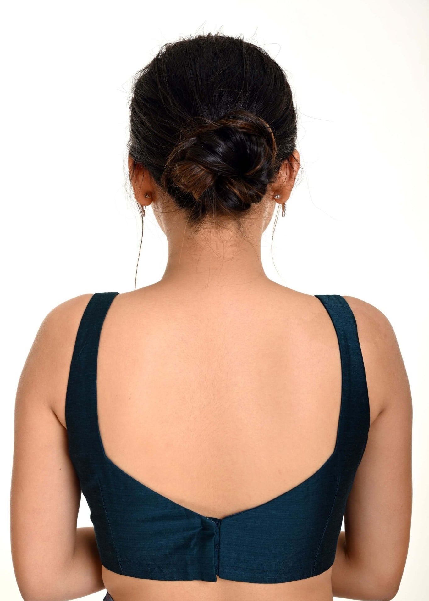 Teal Blue Blouse in Raw Silk with Square Neckline - Anvi Couture