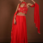 Red Lehenga Set with Halter Neck Choli and Choker Dupatta - Anvi Couture