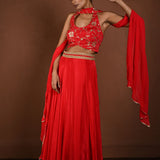 Red Lehenga Set with Halter Neck Choli and Choker Dupatta - Anvi Couture