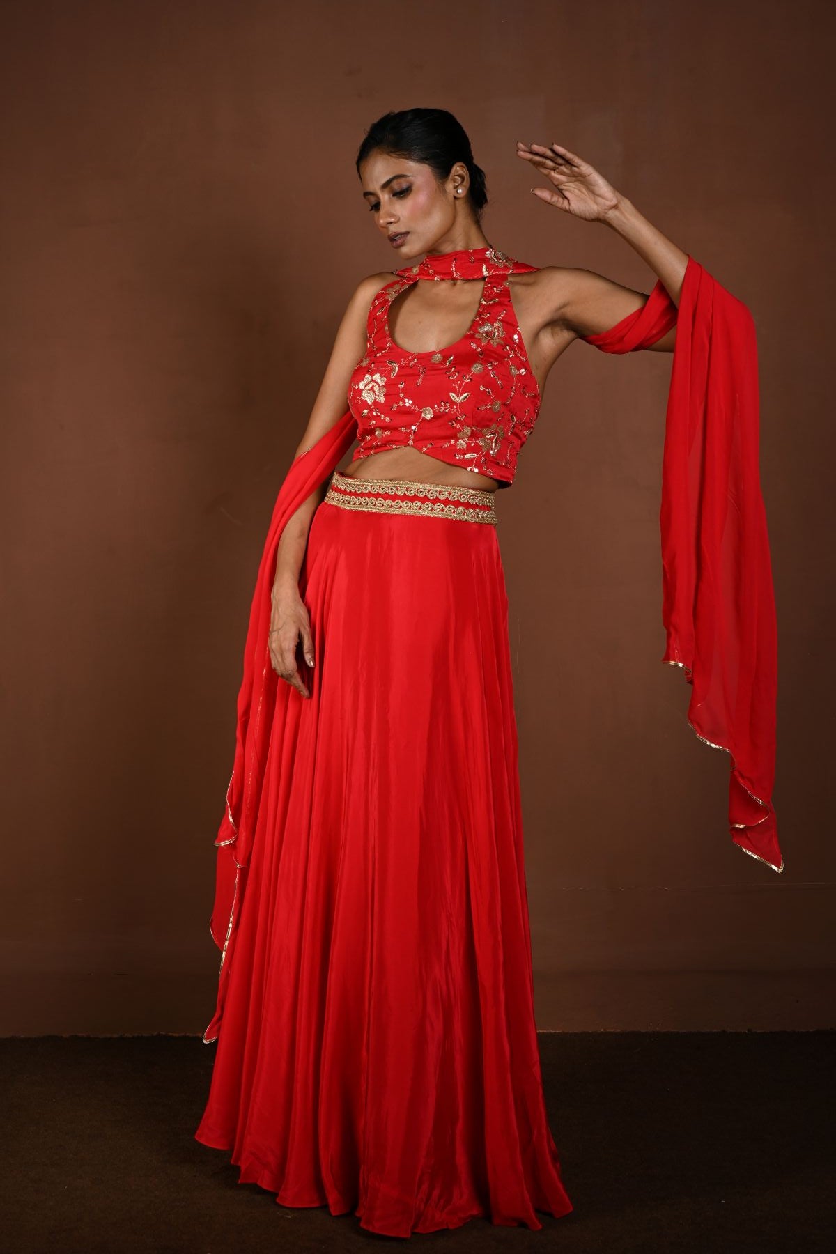 Red Lehenga Set with Halter Neck Choli and Choker Dupatta - Anvi Couture