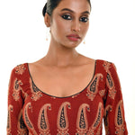 Brown Hand Block Print Pure Cotton Blouse with Half Sleeves and U Neckline - Anvi Couture