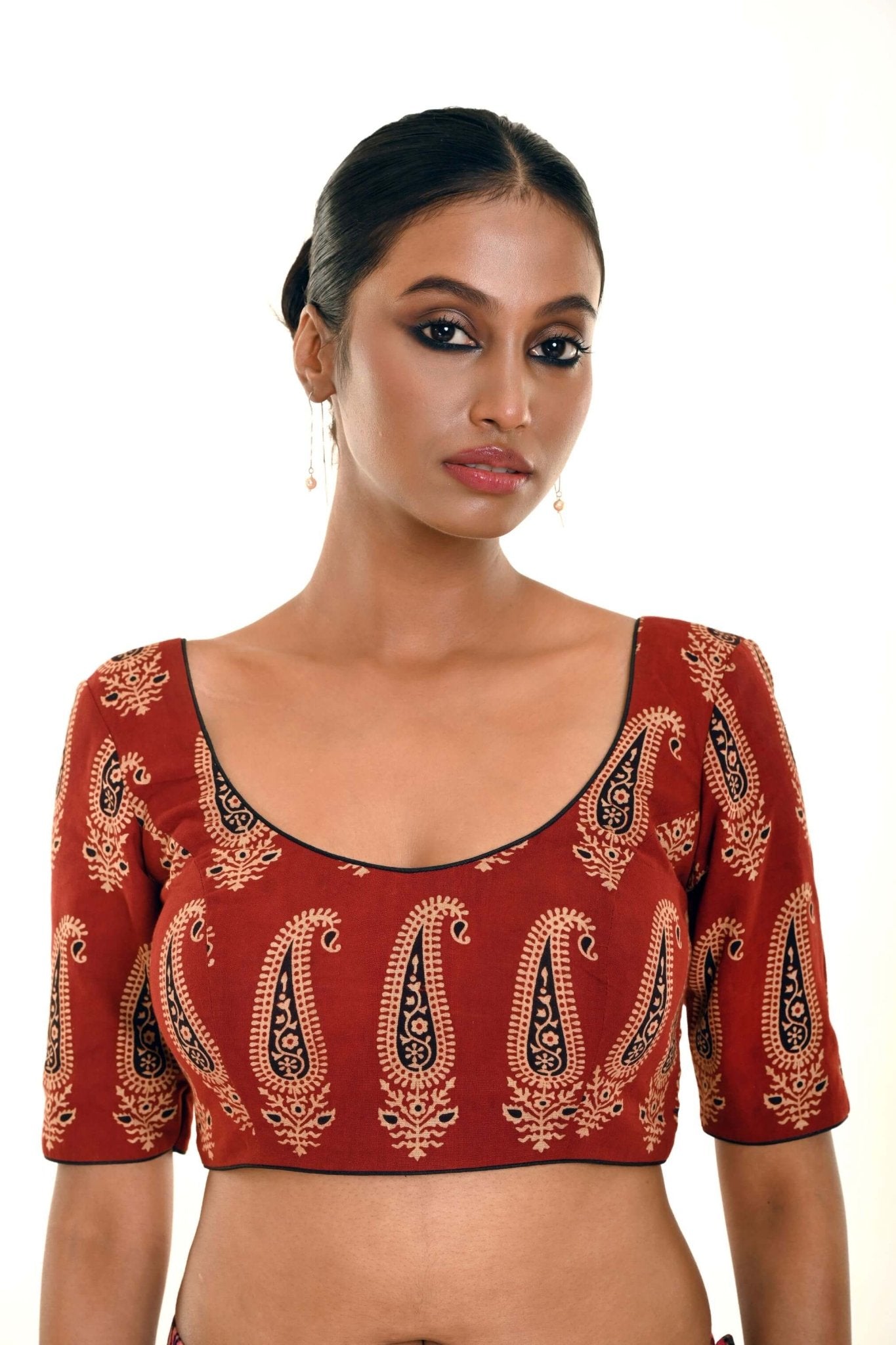 Brown Hand Block Print Pure Cotton Blouse with Half Sleeves and U Neckline - Anvi Couture