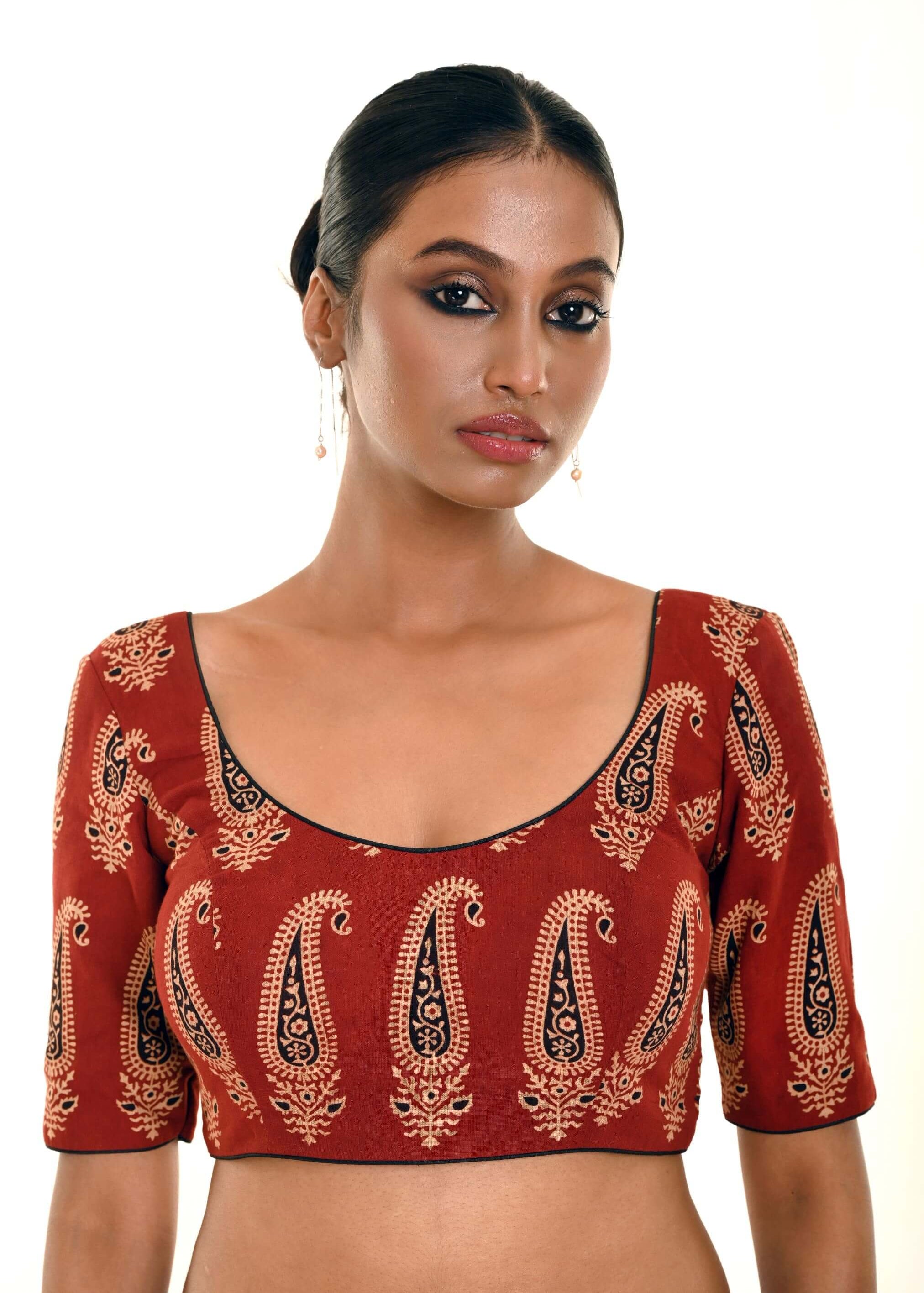 Brown Hand Block Print Pure Cotton Blouse with Half Sleeves and U Neckline