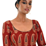 Brown Hand Block Print Pure Cotton Blouse with Half Sleeves and U Neckline - Anvi Couture