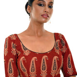 Brown Hand Block Print Pure Cotton Blouse with Half Sleeves and U Neckline - Anvi Couture