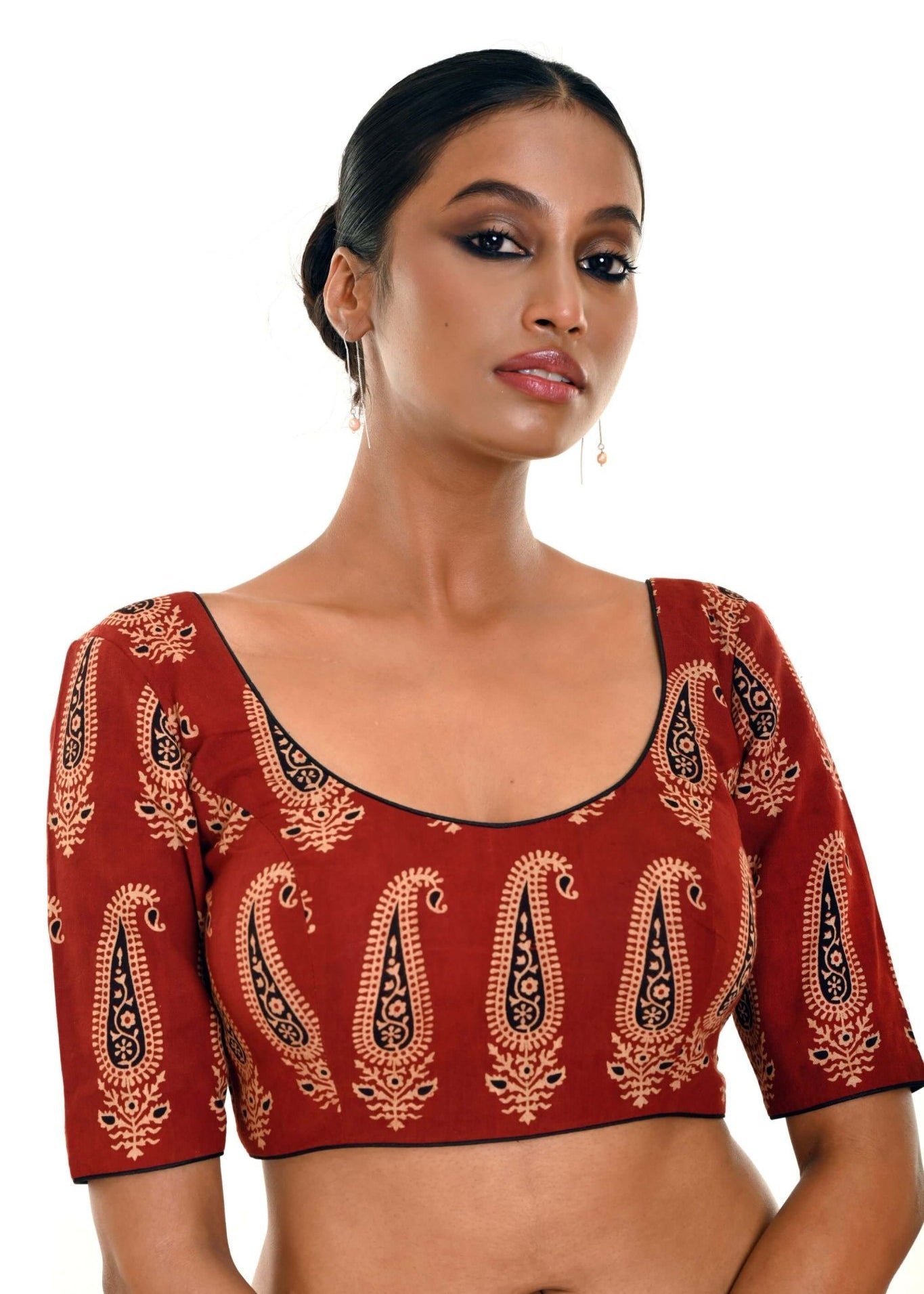 Brown Hand Block Print Pure Cotton Blouse with Half Sleeves and U Neckline - Anvi Couture