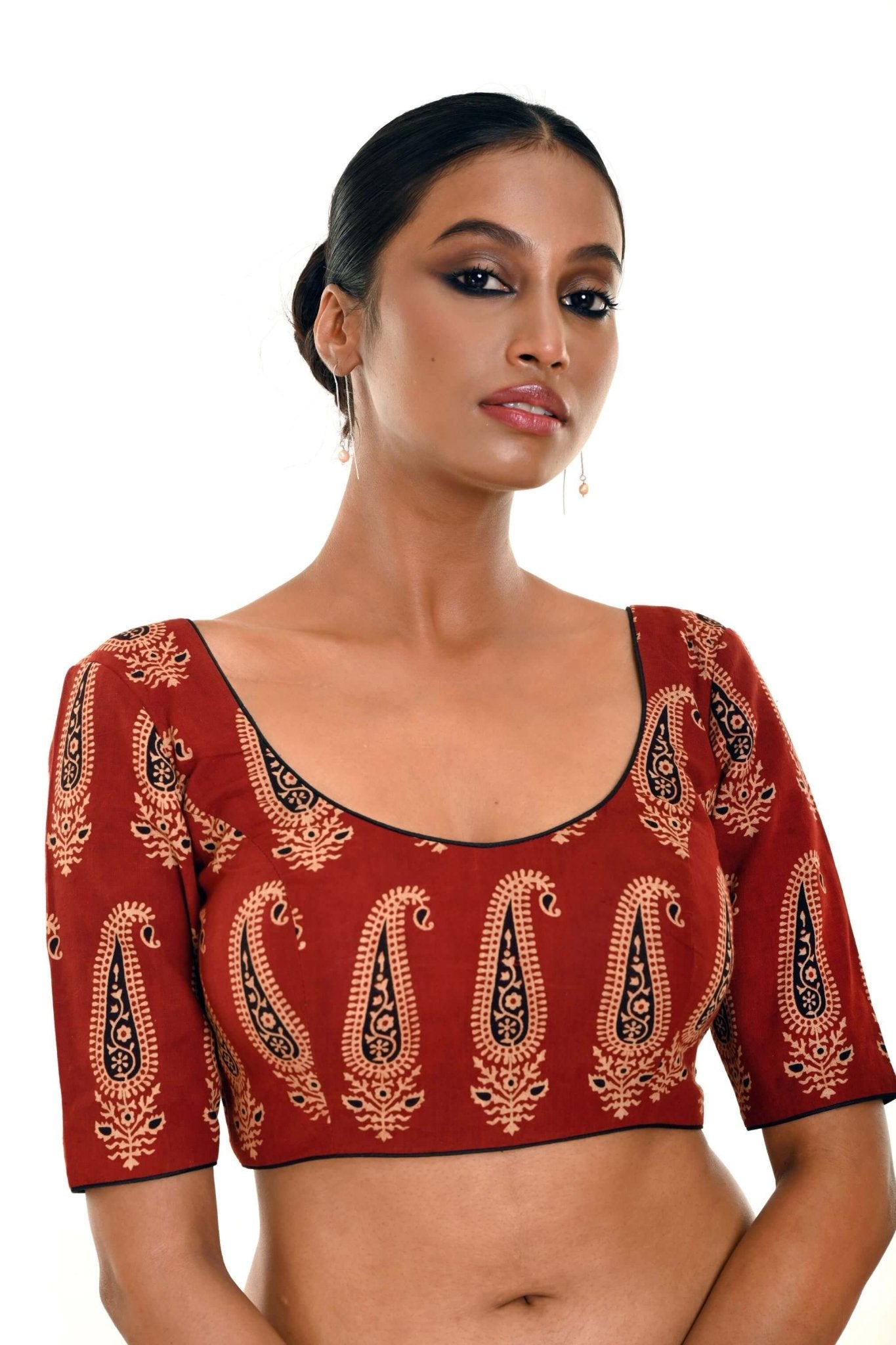 Brown Hand Block Print Pure Cotton Blouse with Half Sleeves and U Neckline - Anvi Couture