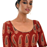 Brown Hand Block Print Pure Cotton Blouse with Half Sleeves and U Neckline