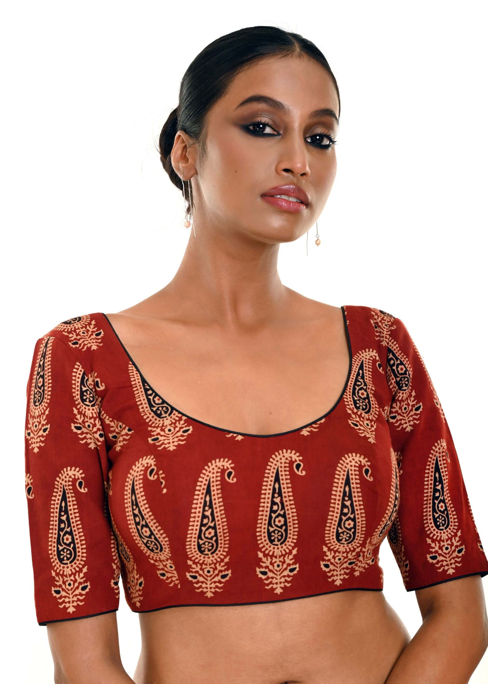 Brown Hand Block Print Pure Cotton Blouse with Half Sleeves and U Neckline