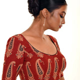 Brown Hand Block Print Pure Cotton Blouse with Half Sleeves and U Neckline - Anvi Couture