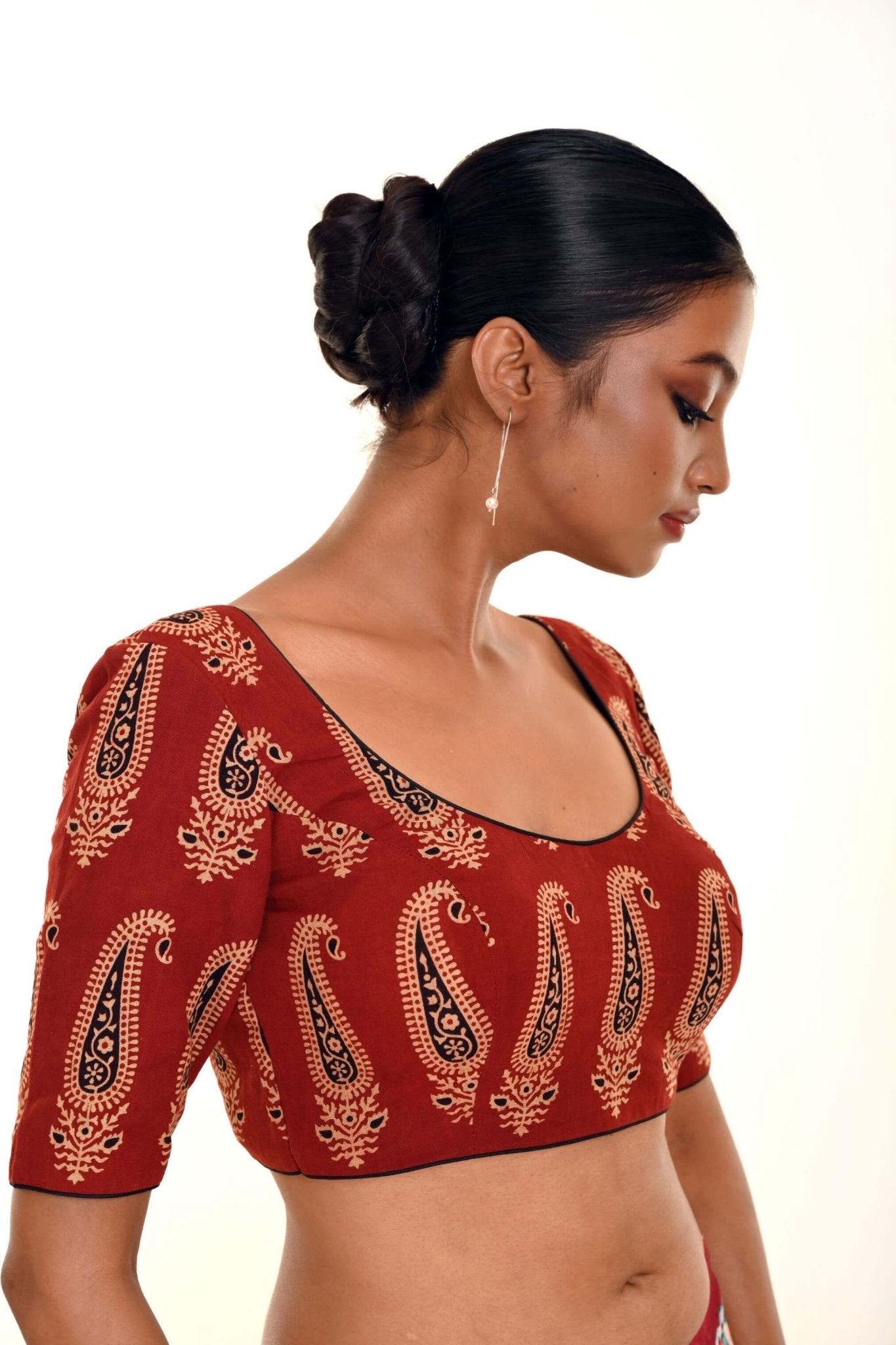 Brown Hand Block Print Pure Cotton Blouse with Half Sleeves and U Neckline - Anvi Couture