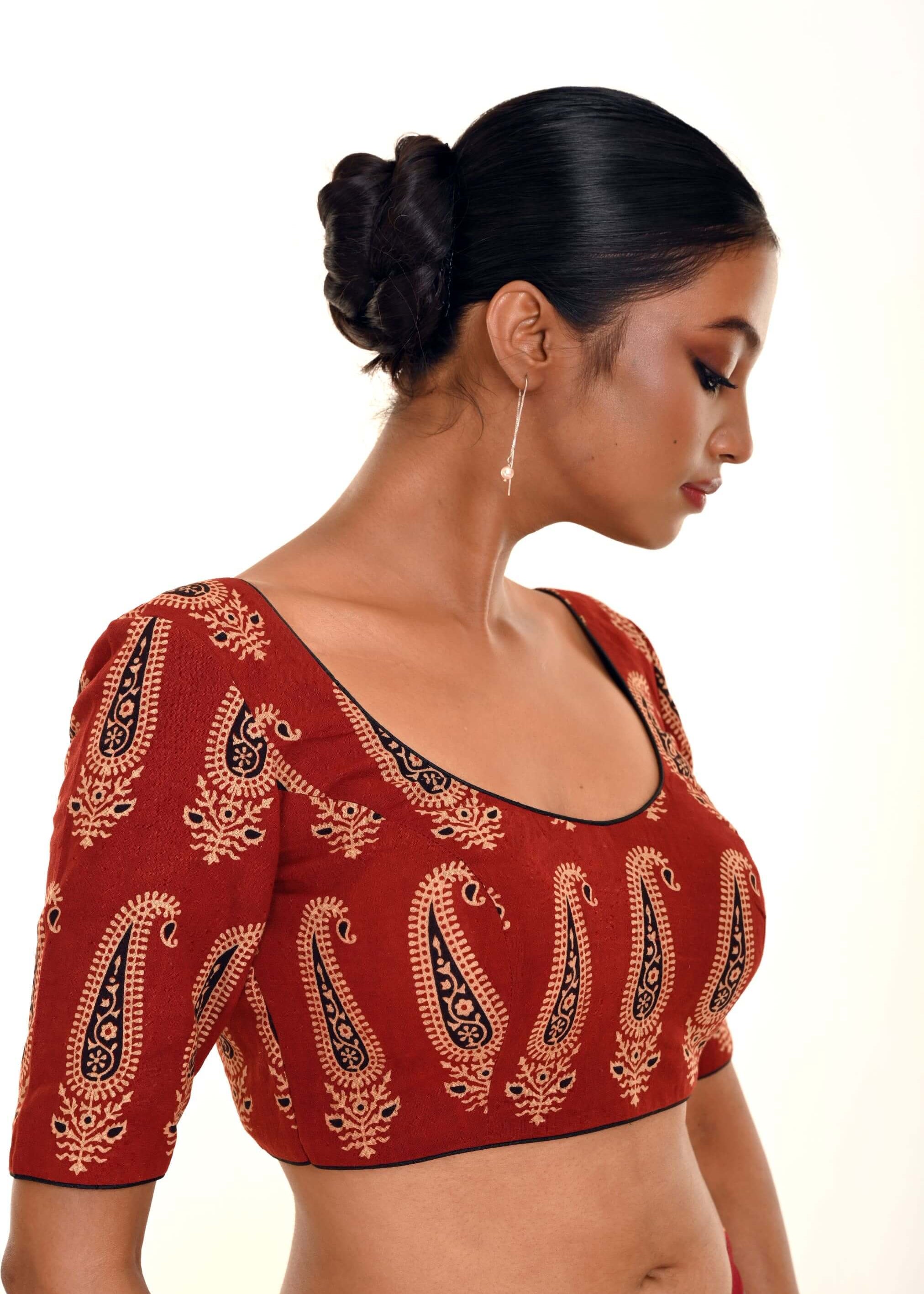 Brown Hand Block Print Pure Cotton Blouse with Half Sleeves and U Neckline