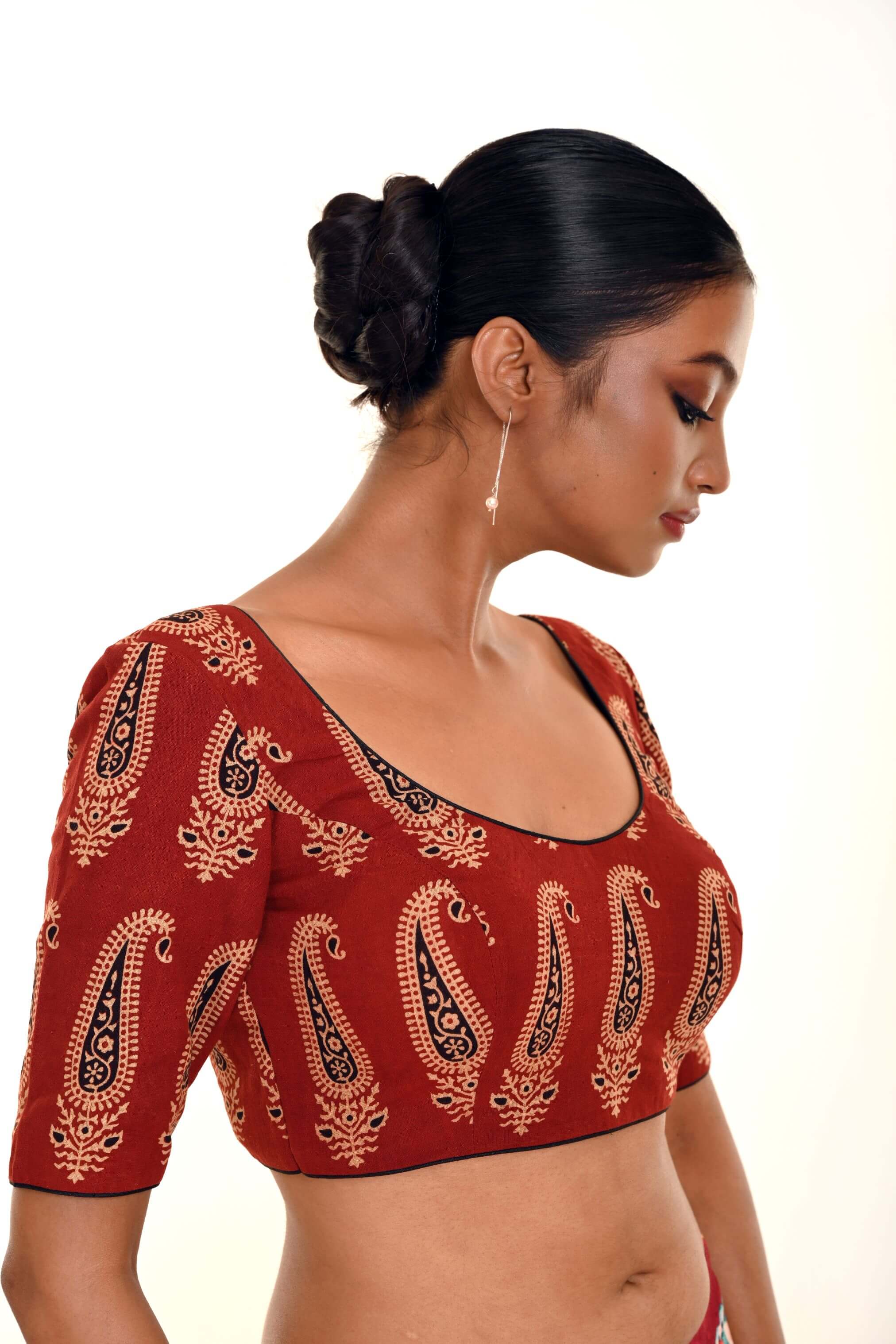 Brown Hand Block Print Pure Cotton Blouse with Half Sleeves and U Neckline