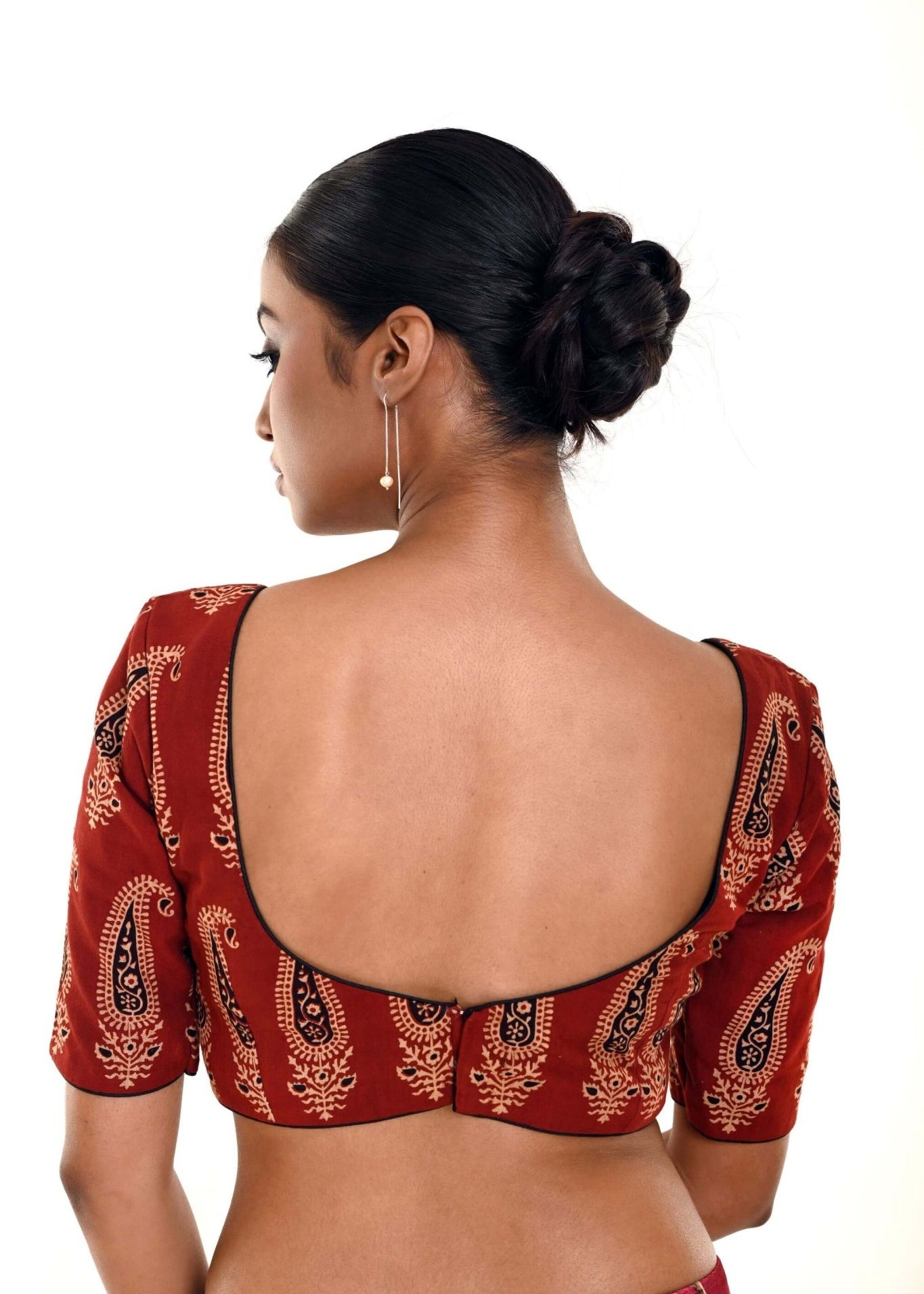 Brown Hand Block Print Pure Cotton Blouse with Half Sleeves and U Neckline - Anvi Couture
