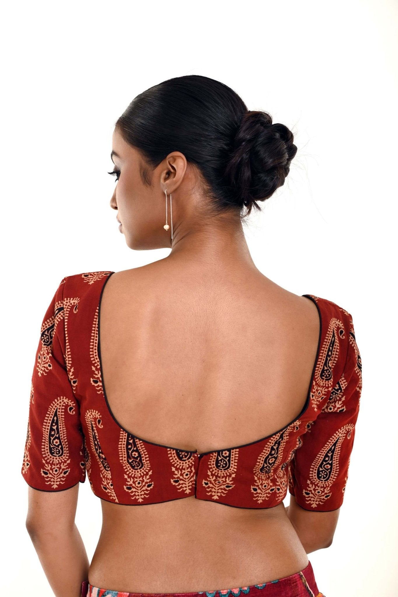 Brown Hand Block Print Pure Cotton Blouse with Half Sleeves and U Neckline - Anvi Couture