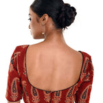 Brown Hand Block Print Pure Cotton Blouse with Half Sleeves and U Neckline