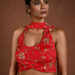 Red Lehenga Set with Halter Neck Choli and Choker Dupatta - Anvi Couture
