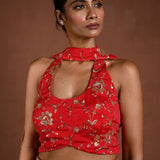 Red Lehenga Set with Halter Neck Choli and Choker Dupatta - Anvi Couture