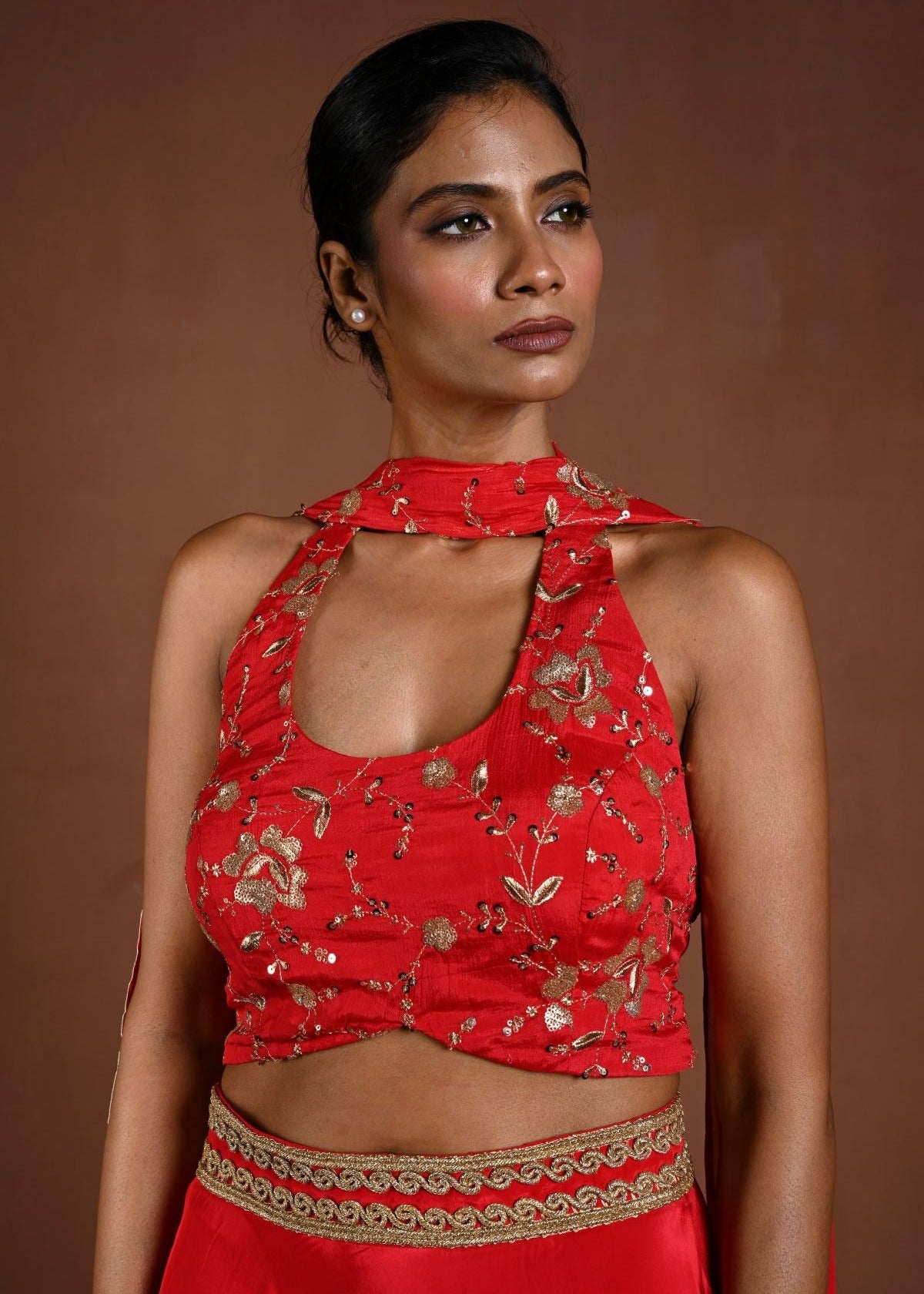 Red Lehenga Set with Halter Neck Choli and Choker Dupatta - Anvi Couture