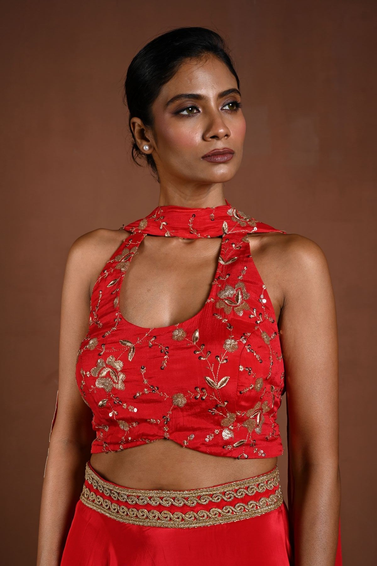 Red Lehenga Set with Halter Neck Choli and Choker Dupatta - Anvi Couture