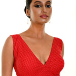 Red Pure Cotton Dot Print Sleeveless blouse with Plunging V Neckline - Anvi Couture