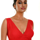 Red Pure Cotton Dot Print Sleeveless blouse with Plunging V Neckline - Anvi Couture