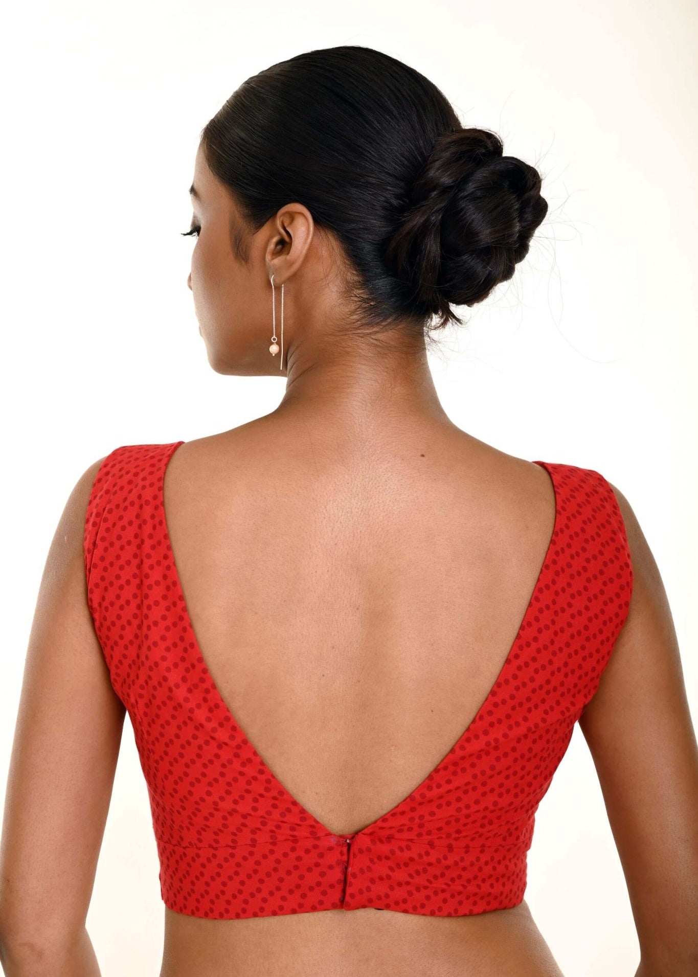 Red Pure Cotton Dot Print Sleeveless blouse with Plunging V Neckline - Anvi Couture