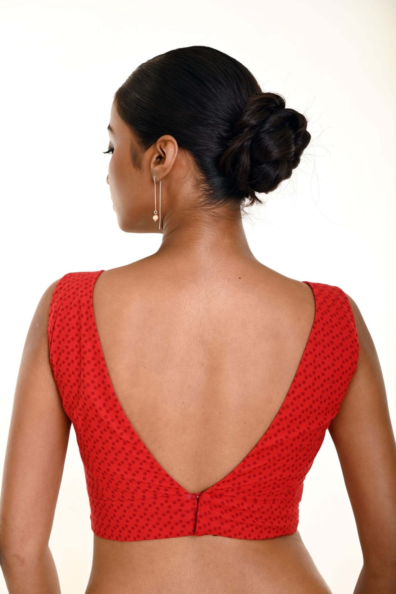 Red Pure Cotton Dot Print Sleeveless blouse with Plunging V Neckline - Anvi Couture