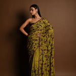 Olive Green Thread Work Cutdana Scalloped Border Pure Georgette Saree - Anvi Couture